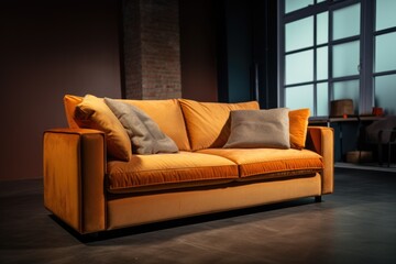 A picture of a yellow couch with pillows in a dark room. This image can be used to depict a cozy and inviting living space