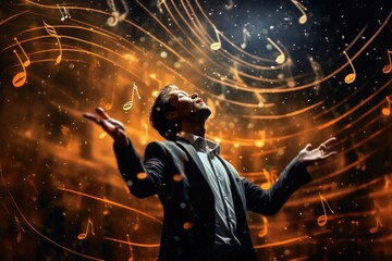 A professional man wearing a suit and tie, with a background featuring music notes. This image can be used to represent a corporate professional in a musical or creative industry setting