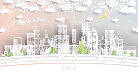 Lviv Ukraine. Winter city skyline in paper cut style with snowflakes, moon and neon garland. Christmas and new year concept. Santa Claus on sleigh. Lviv cityscape with landmarks.