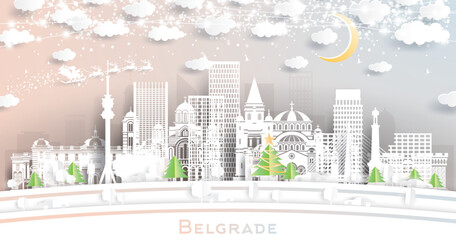 Belgrade Serbia. Winter city skyline in paper cut style with snowflakes, moon and neon garland. Christmas and new year concept. Santa Claus on sleigh. Belgrade cityscape with landmarks.