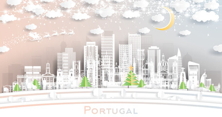 Portugal. Winter city skyline in paper cut style with snowflakes, moon and neon garland. Christmas and new year concept. Santa Claus on sleigh. Portugal cityscape with landmarks.