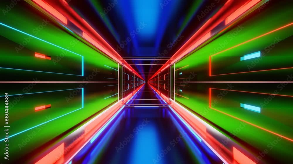 Poster movement through a multi-colored metal corridor. looping abstract animation. 3d render