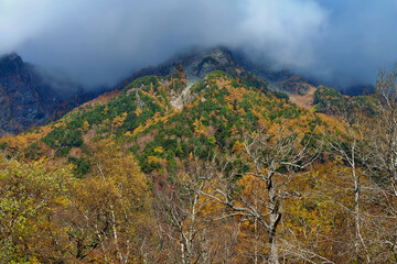 Kamikochi National Park in the Northern Japan Alps of Nagano Prefecture, Japan. Beautiful mountain in autumn leaf and Azusa river