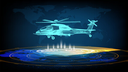 Military Helicopter with Futuristic High Technology Laser Projection. Science Fiction theme Wallpaper. - obrazy, fototapety, plakaty