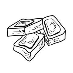 Monochrome illustration of a handful of chocolate slices, line art on a white background