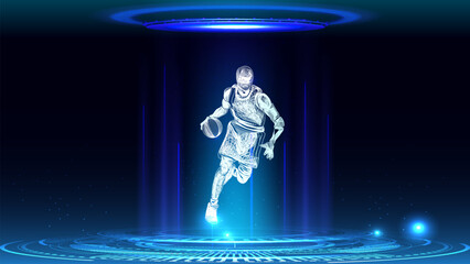 Futuristic action figure of a basketball player with high tech neon glow effects. Line art vector style.