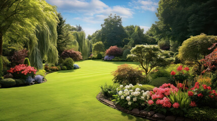 Front yard, landscape design With multicolored shrubs intersecting with bright green lawns Behind...