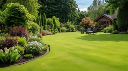 Fotobehang Front yard, landscape design With multicolored shrubs intersecting with bright green lawns Behind the house is a modern, garden care service, green grass with a beautiful yard for the background. © Nataliya