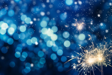 Blue christmas background with sparklers and bokeh