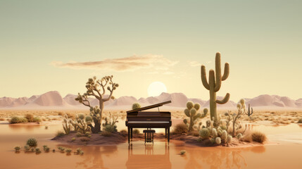 Piano in the desert with cactuses. 3d render.  - obrazy, fototapety, plakaty