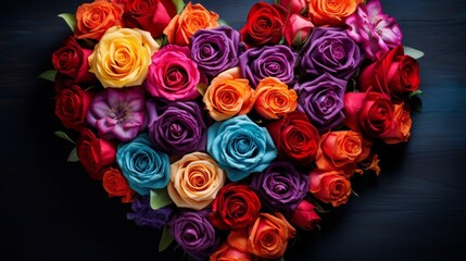 A bouquet of vibrant roses arranged in a heart shape.