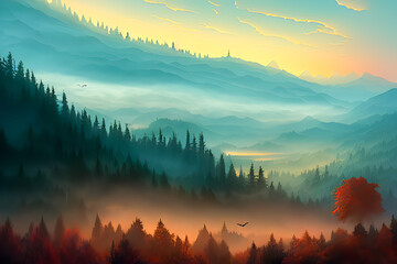 Incredibly village in forest mountains, Coniferous trees in the fog, beautifull lighting - obrazy, fototapety, plakaty