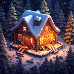 Cabin in the forest isometric. Ai generative.