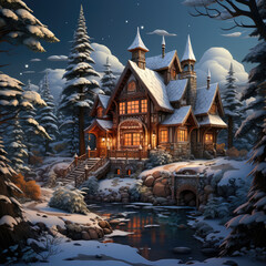 Cabin in the forest isometric. Ai generative.