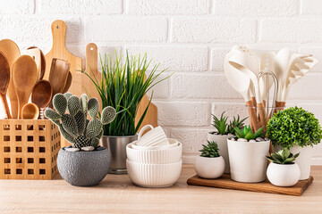 set different kitchen utensils and set of different green potted plants on a wooden kitchen...