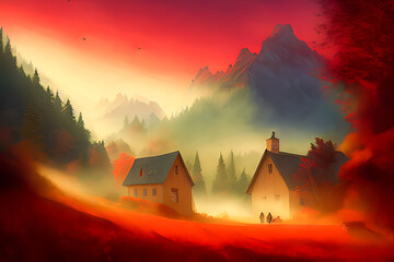 Incredibly village in forest mountains, Coniferous trees in the fog, beautifull lighting