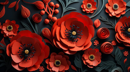 Red poppies on black background. Remembrance Day, Armistice Day, Anzac day symbol. Empty space in the middle for text. Paper cut art style.  - obrazy, fototapety, plakaty