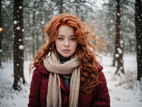 A beautiful red-haired girl, dressed in a cozy red winter coat and a scarf, in a serene snowy forest.