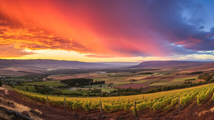 Naklejka na ściany i meble Sunset over vineyards. Beautiful landscape. Nature composition.