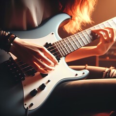 Close up of woman hands playing electro guitar.