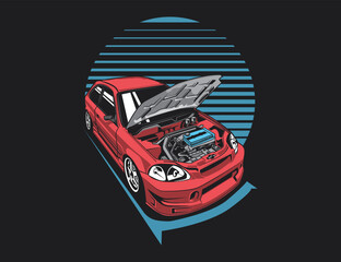 open hood 90s car showing engine image vector along with striped round background design