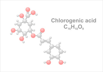 Chlorogenic acid. Simplified scheme of the molecule. Substance is present in eggplants, peaches and other foods.
