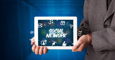 Person holding tablet, social network concept