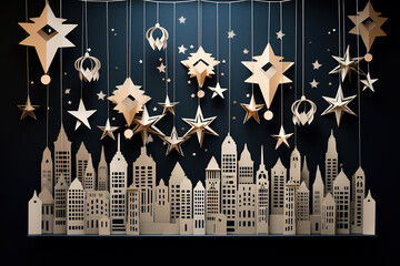Christmas and New Year background with city buildings and stars. Vector illustration. 
