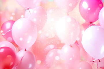 Holiday background with pink and white balloons and bokeh lights. 