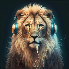 A Lion wearing a headphone and listening to music