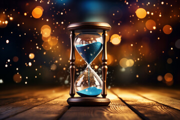 hourglass on wooden background with bokeh