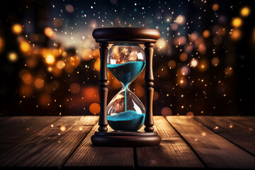 hourglass on wooden background with bokeh
