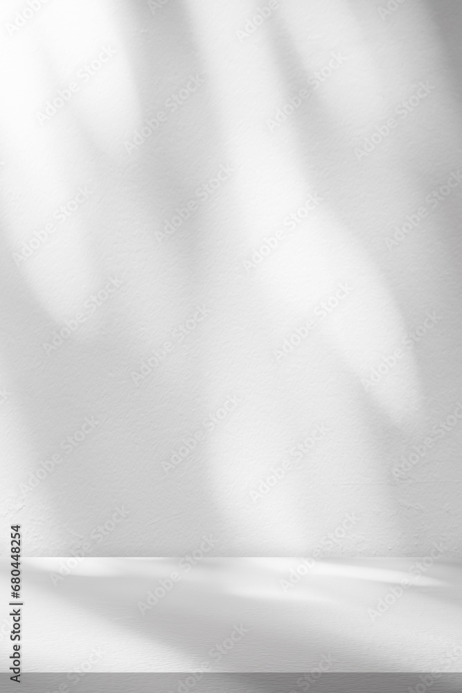 Poster background white wall studio with light,shadow on surface floor,empty kitchen room with desk podium 