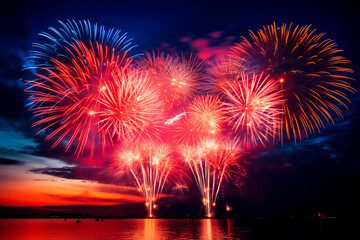 Fototapeta na wymiar Fireworks illuminate the sky and water at dusk. 