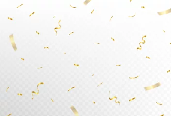 Foto op Aluminium Confetti explosion on transparent background. Shiny golden paper pieces flying and spreading. small and big ribbons. curved. vector illustration © mukhamad
