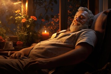 Fototapeta premium A man is seen in a comfortable chair with his eyes closed, enjoying a moment of relaxation. This image can be used to depict rest, relaxation, meditation, or leisure activities.
