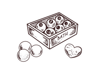 Hand-drawn box with round bathroom bombs, heart shaped bath bomb. beauty cosmetic element, self care. Illustration for beauty salon, cosmetic store, makeup design. Doodle sketch style.