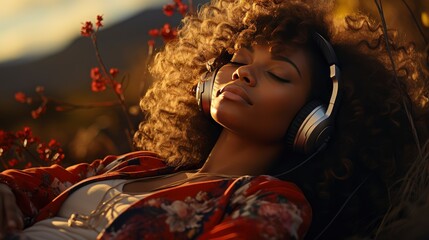 Black woman enjoying music in sunset light.