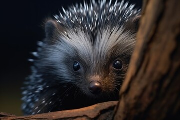 A detailed view of a small animal near a tree. This image can be used to depict wildlife, nature, or animal habitats