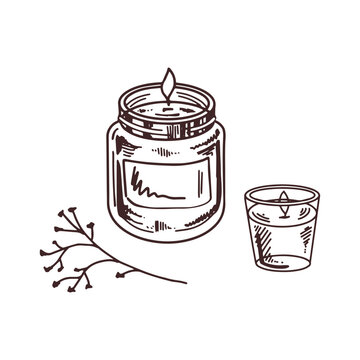 Hand-drawn doodle wax candles in a glass jar-candlesticks with a twig. Beauty cosmetic element, self care. Sketch style..