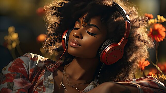 Black woman enjoying music in sunset light.