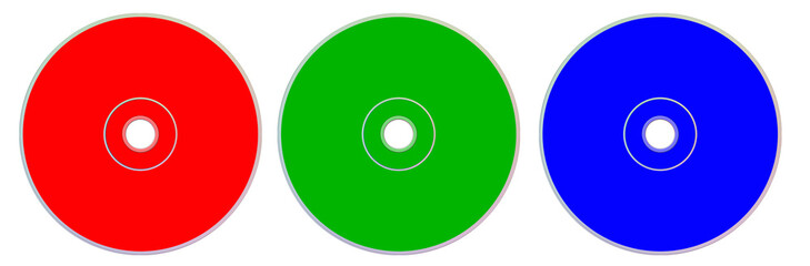 Three RGB CD or DVD blank template red, green and blue for presentation layouts and design. 3D rendering.