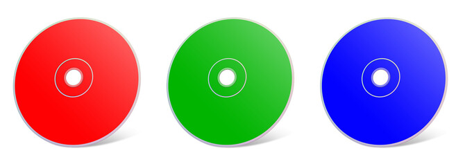 Three RGB CD or DVD blank template red, green and blue for presentation layouts and design. 3D rendering.