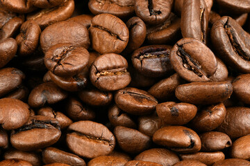 Roasted coffee beans background top view