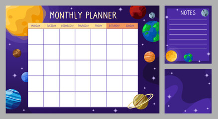Vector planner template for a month with boards and a solar system. Planner with galaxy and outer space background.