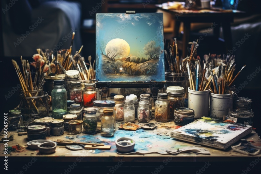 Poster a painting on a table with paint brushes and jars. suitable for art-related projects and creative co