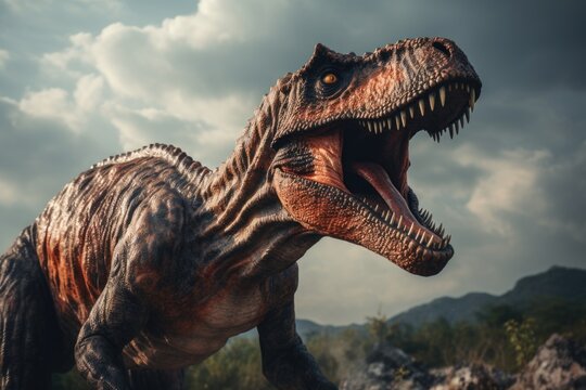 A detailed close-up shot of a dinosaur with its mouth wide open. This image can be used to depict prehistoric creatures, natural history, ancient wildlife, or in educational materials about dinosaurs.