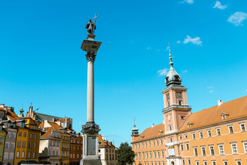 Old town in Warsaw, Poland. The Royal Castle and Sigismund's Column called Kolumna Zygmunta. Traveling Europe