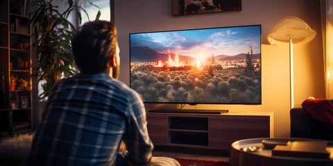 Rear view of man watching TV at home in the living room - generative ai