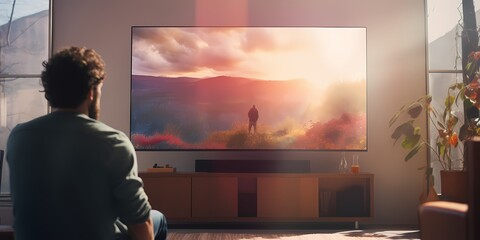 Rear view of man watching movie on tv in living room at home - generative ai - obrazy, fototapety, plakaty